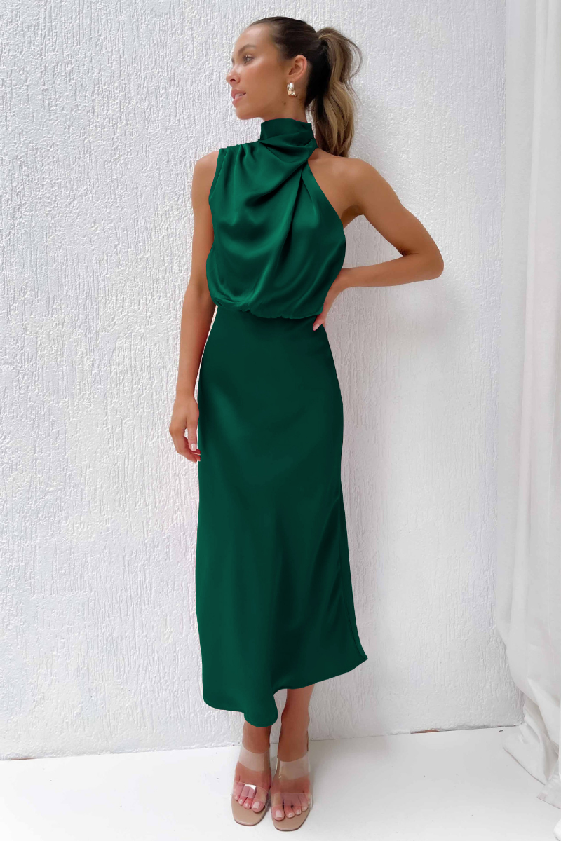 Asymmetric Halter Neck Satin Midi Dress | Joyren