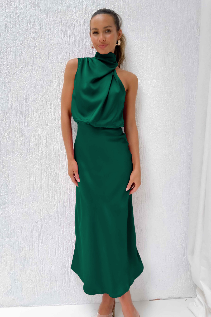 Asymmetric Halter Neck Satin Midi Dress | Joyren