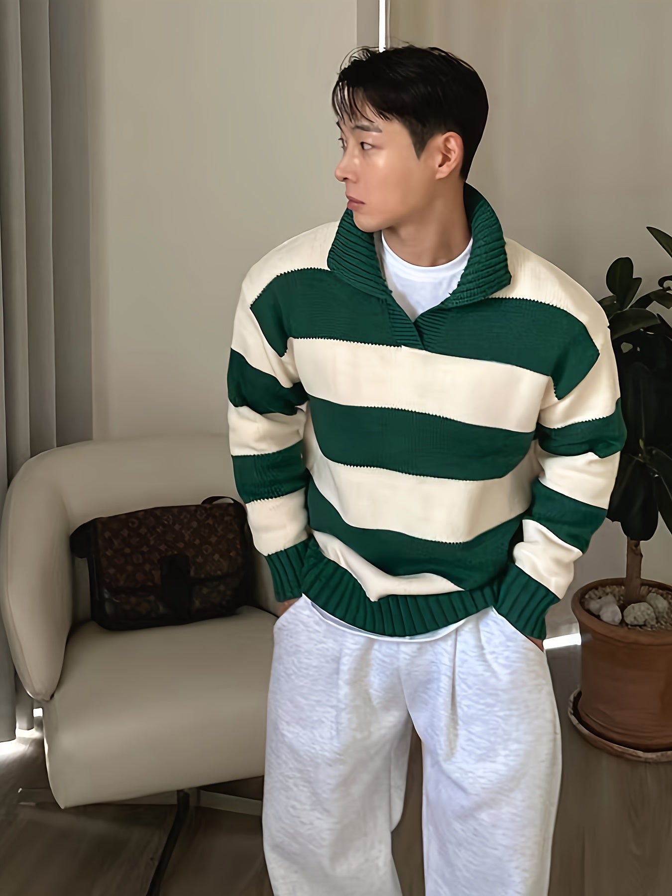 Stripe Knit Long Sleeve Polo Sweater for Men | Fostero