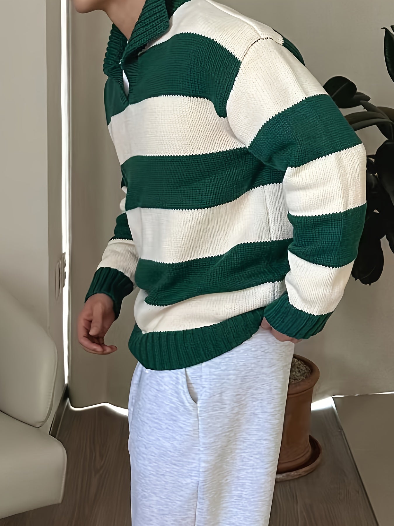 Stripe Knit Long Sleeve Polo Sweater for Men | Fostero