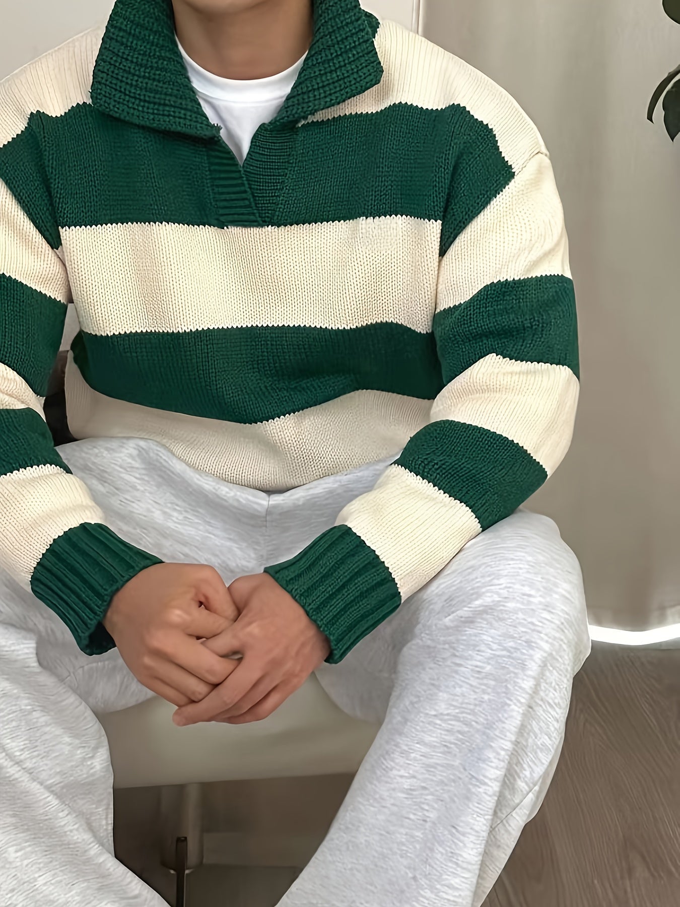 Stripe Knit Long Sleeve Polo Sweater for Men | Fostero