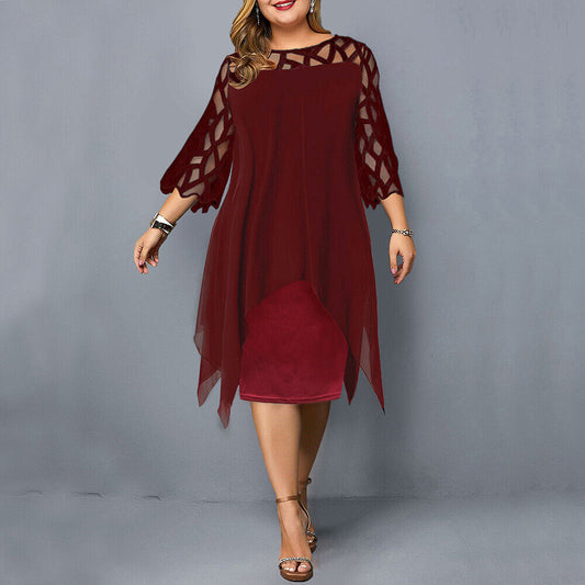 Lace Long Sleeve Mesh Layer Plus Size Midi Dress | Liberty