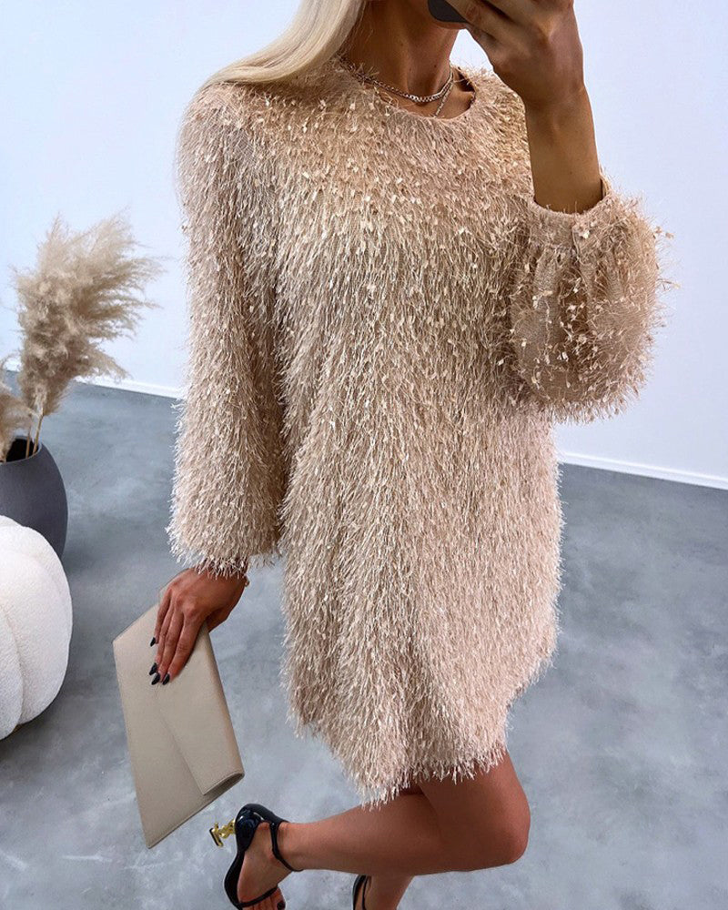 Glitter Fuzzy Long Sleeve Mini Dress | Skyler