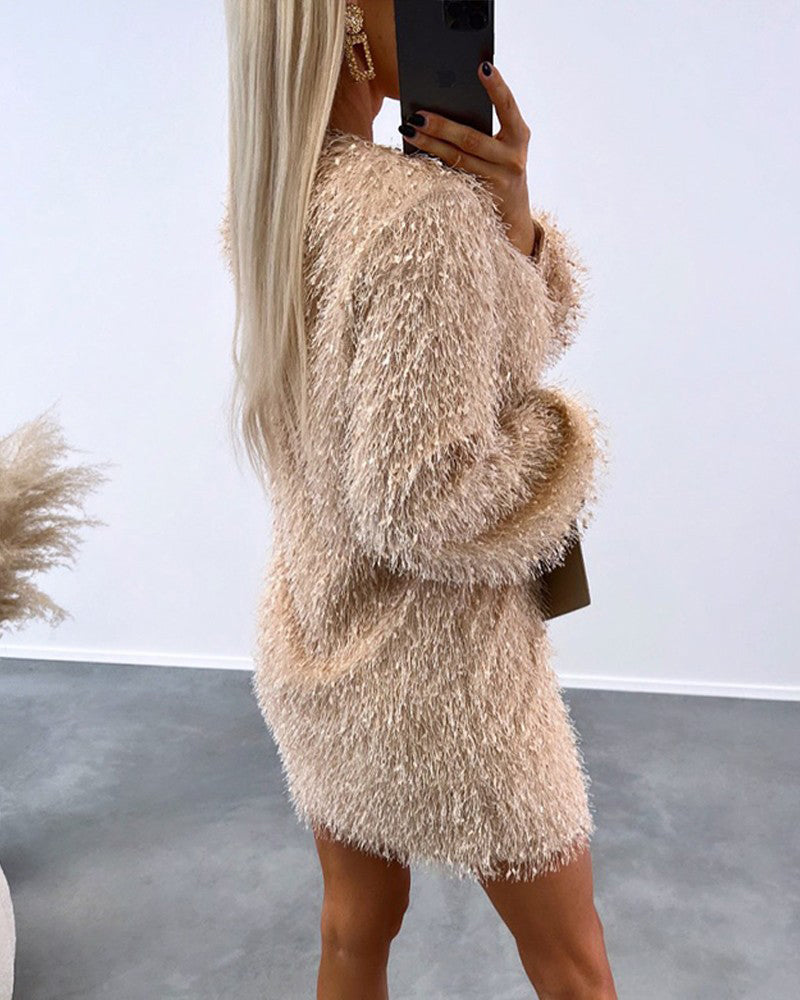 Glitter Fuzzy Long Sleeve Mini Dress | Skyler