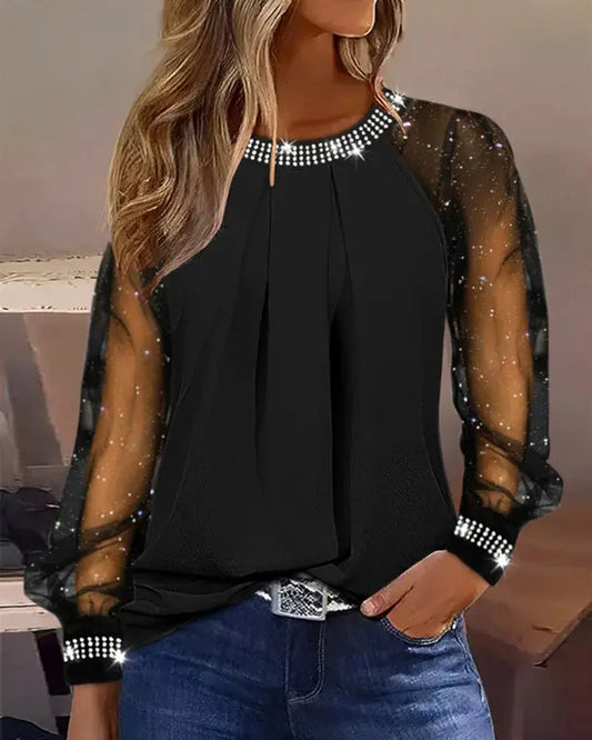 Mesh Long Sleeve Blouse with Rhinestone Detail | Jaylana