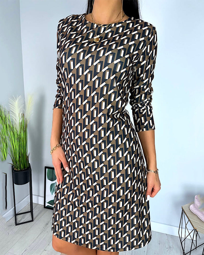 Geometric Print Long Sleeve Midi Dress | Anamary