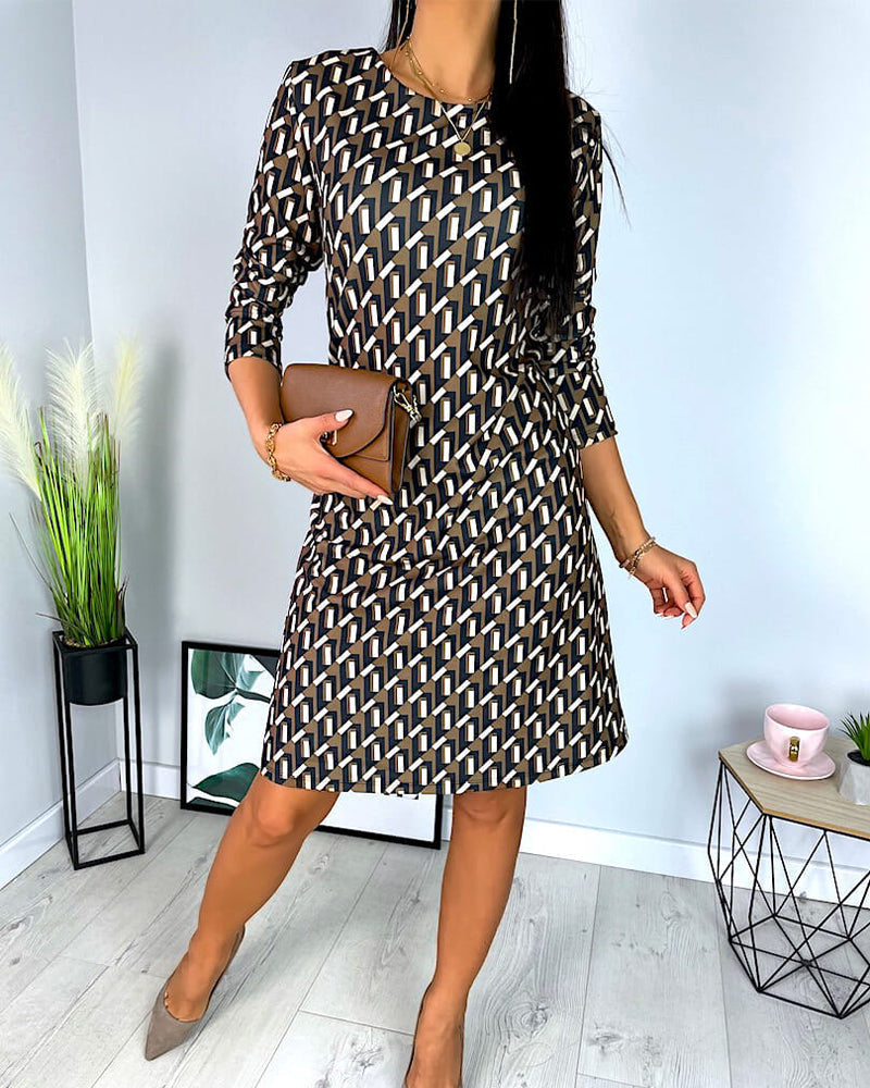 Geometric Print Long Sleeve Midi Dress | Anamary